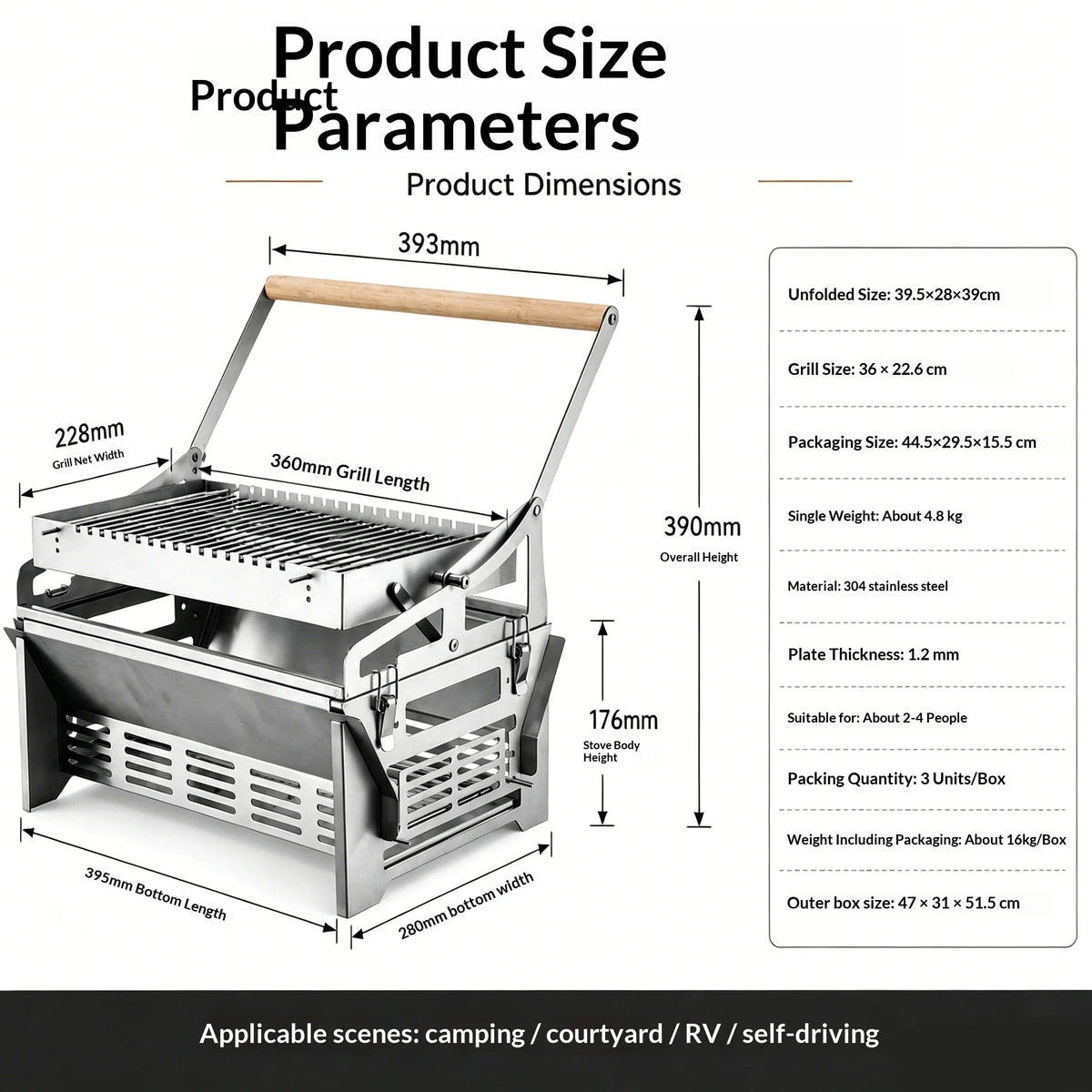 Foldable Charcoal BBQ Grill with Detachable Grate – Outdoor Use Only