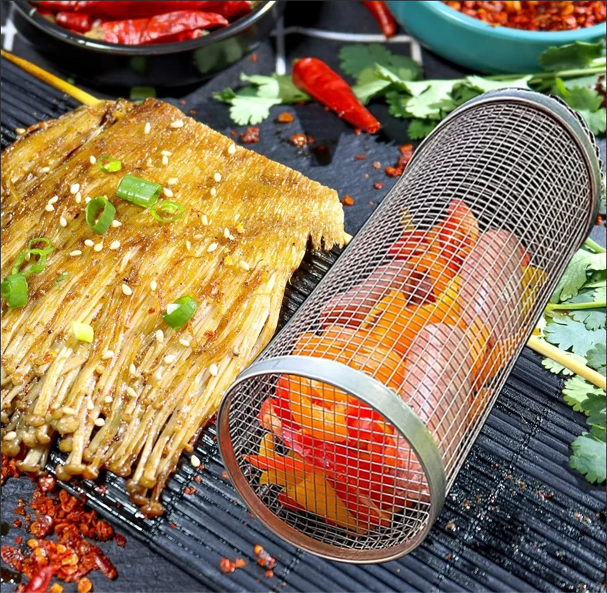 Stainless Steel Rolling BBQ Grill Basket
