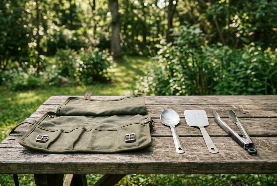 Illustrative camping cooking utensils beside a canvas roll on an outdoor picnic table.