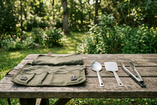 Illustrative camping cooking utensils beside a canvas roll on an outdoor picnic table.