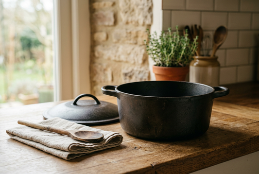 Illustrative cast iron pot and lid beside a wooden spoon on a kitchen counter.