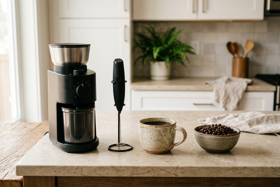 Illustrative coffee grinder and handheld milk frother beside a coffee cup and coffee beans.