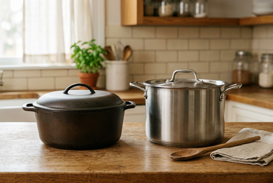 Illustrative stainless steel stock pot and cast iron pot arranged on a kitchen counter.