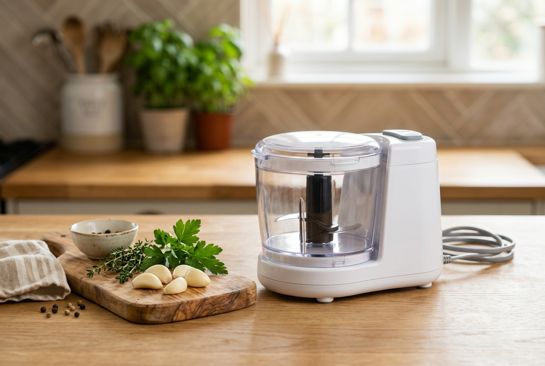 Illustrative electric food chopper beside garlic and herbs on a kitchen counter.