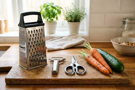 Illustrative arrangement of a grater, peeler and kitchen shears beside vegetables on a kitchen counter.