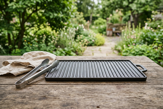 Illustrative ridged grill plate and tongs on an outdoor wooden table.