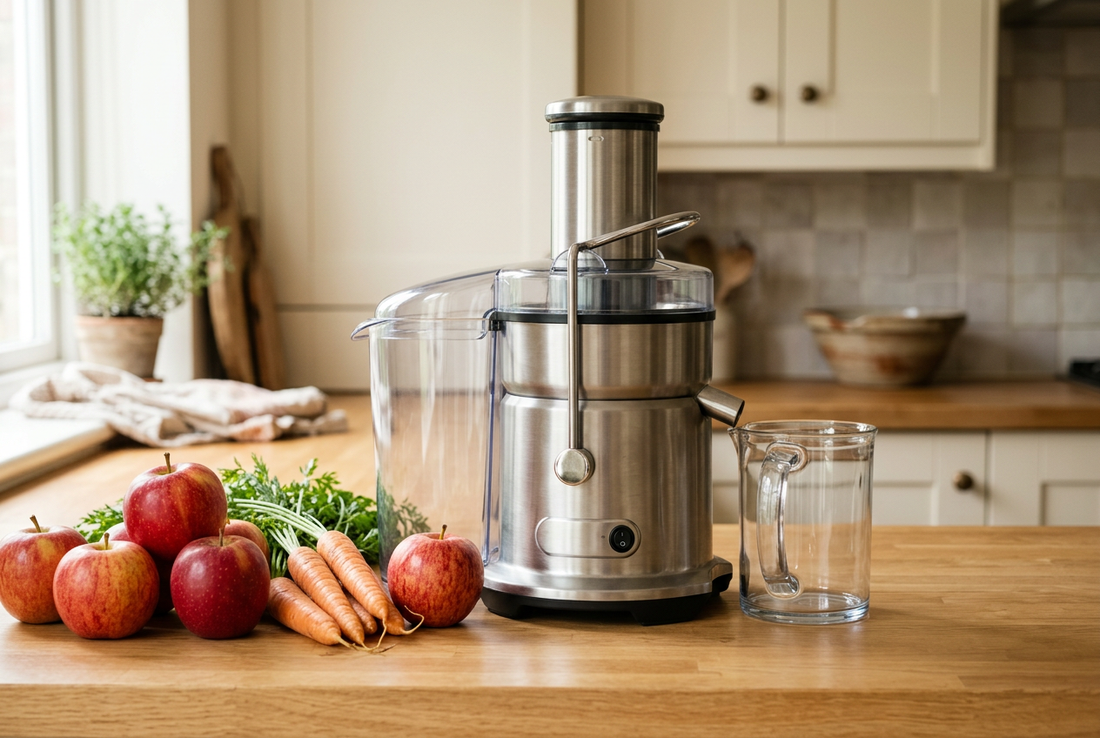 Illustrative stainless steel juicer with a clear jug, apples and carrots on a kitchen counter.