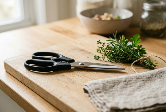 Illustrative closed kitchen shears on a wooden board beside fresh herbs.