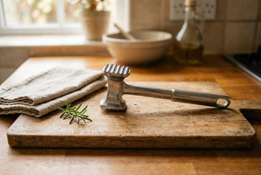 Illustrative meat mallet on a wooden chopping board beside rosemary and folded linen.