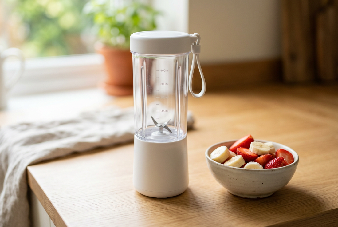 Illustrative portable blender beside a bowl of sliced strawberries and banana on a kitchen counter.