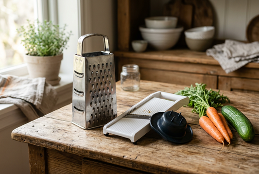 Illustrative vegetable slicer and box grater beside carrots and cucumber on a kitchen counter.