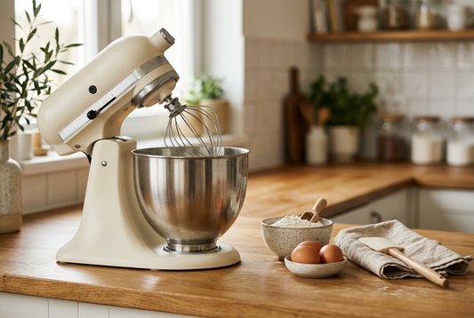 Illustration of a stand mixer with a stainless steel bowl on a kitchen counter beside baking ingredients.