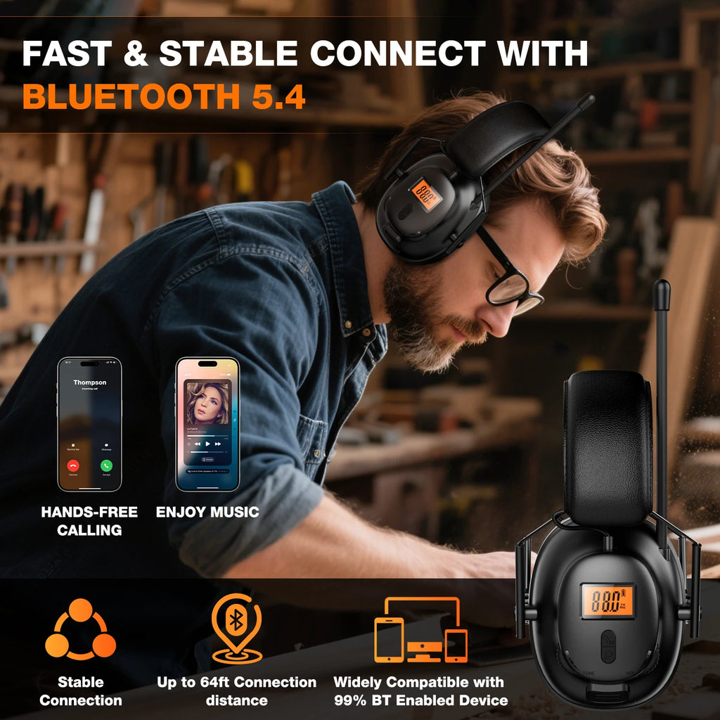 Bluetooth 5.4 AM/FM Radio Headphones with 30dB Ear Protection, 50H Playtime. USB-C Rechargeable. Great for Work & Gifts.