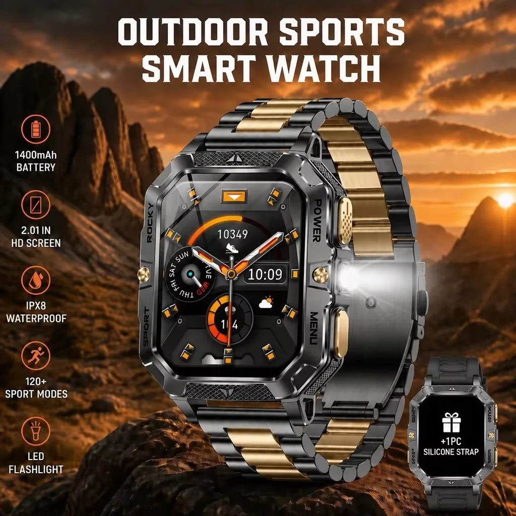 Outdoor Smartwatch – 2.01" HD, 14-Day Battery, Built-In Torch & BT Calling