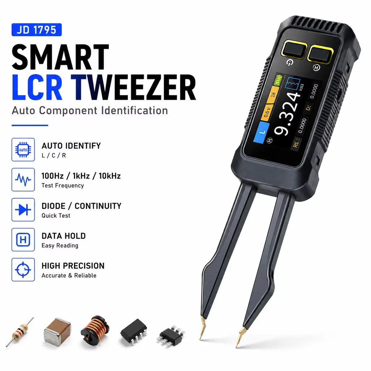 Smart LCR Tweezers, Digital SMD Tester for Capacitor/Resistor/Inductor,ESR Impedance Z/X Diode Continuity,Rechargeable LCR Meter