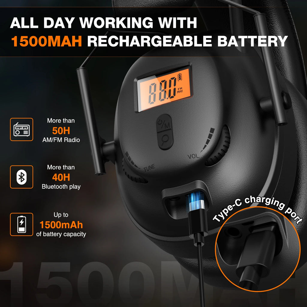 Bluetooth 5.4 AM/FM Radio Headphones with 30dB Ear Protection, 50H Playtime. USB-C Rechargeable. Great for Work & Gifts.