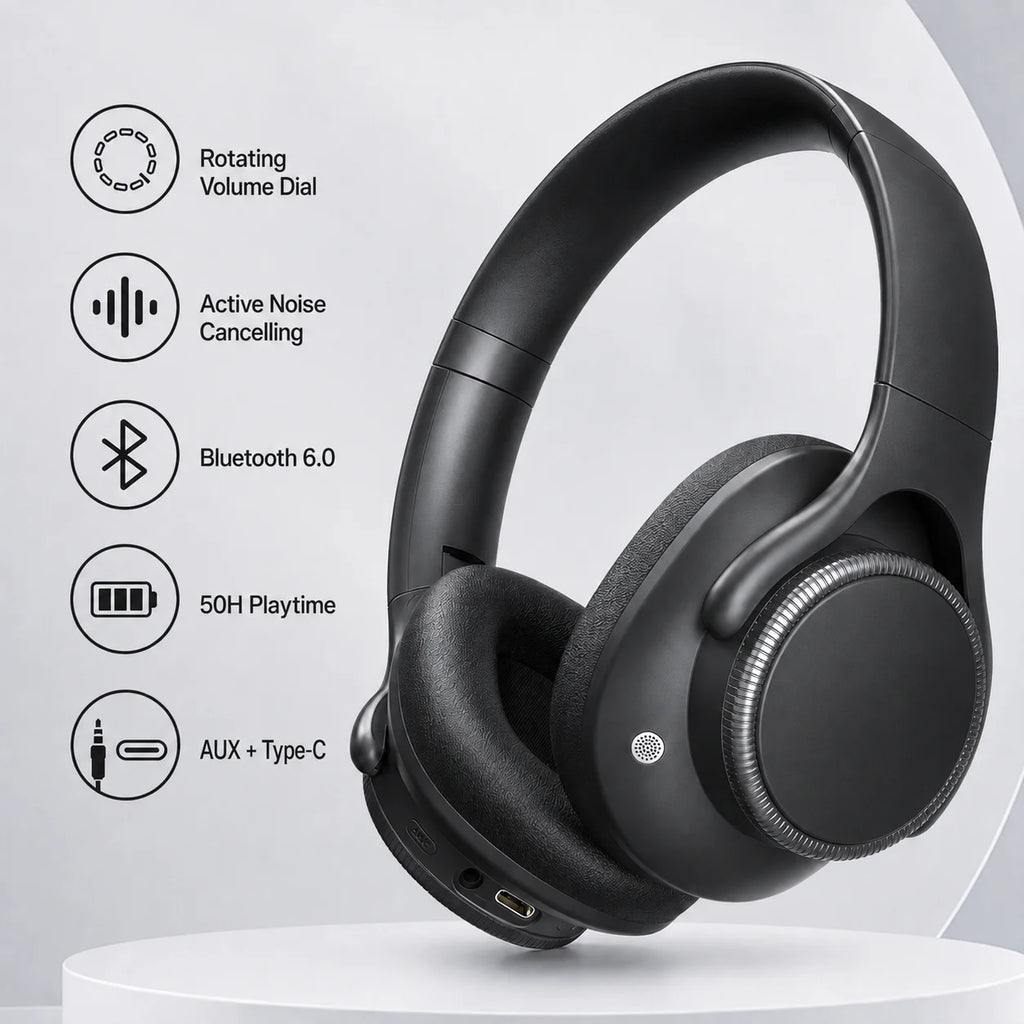 Wireless Headphones Bluetooth 6.0 ANC (Active Noise Cancelling) 40mm Drivers 50H Playtime Rotating Volume Dial Over-Ear Audio