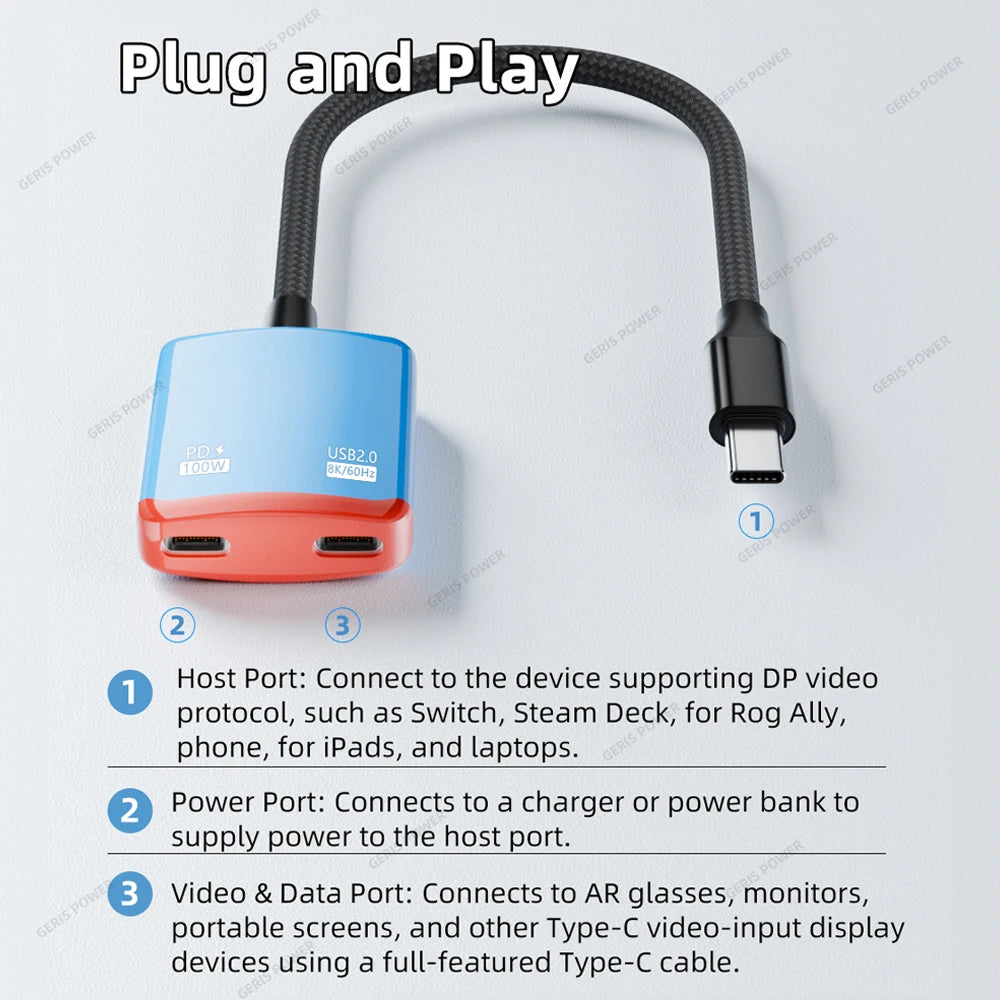 AR Smart Glasses Cable Adapter Converter 100W Type C Universal Docking Station 2 In1 USB C Hub for Steam Deck XREAL AR Glasses