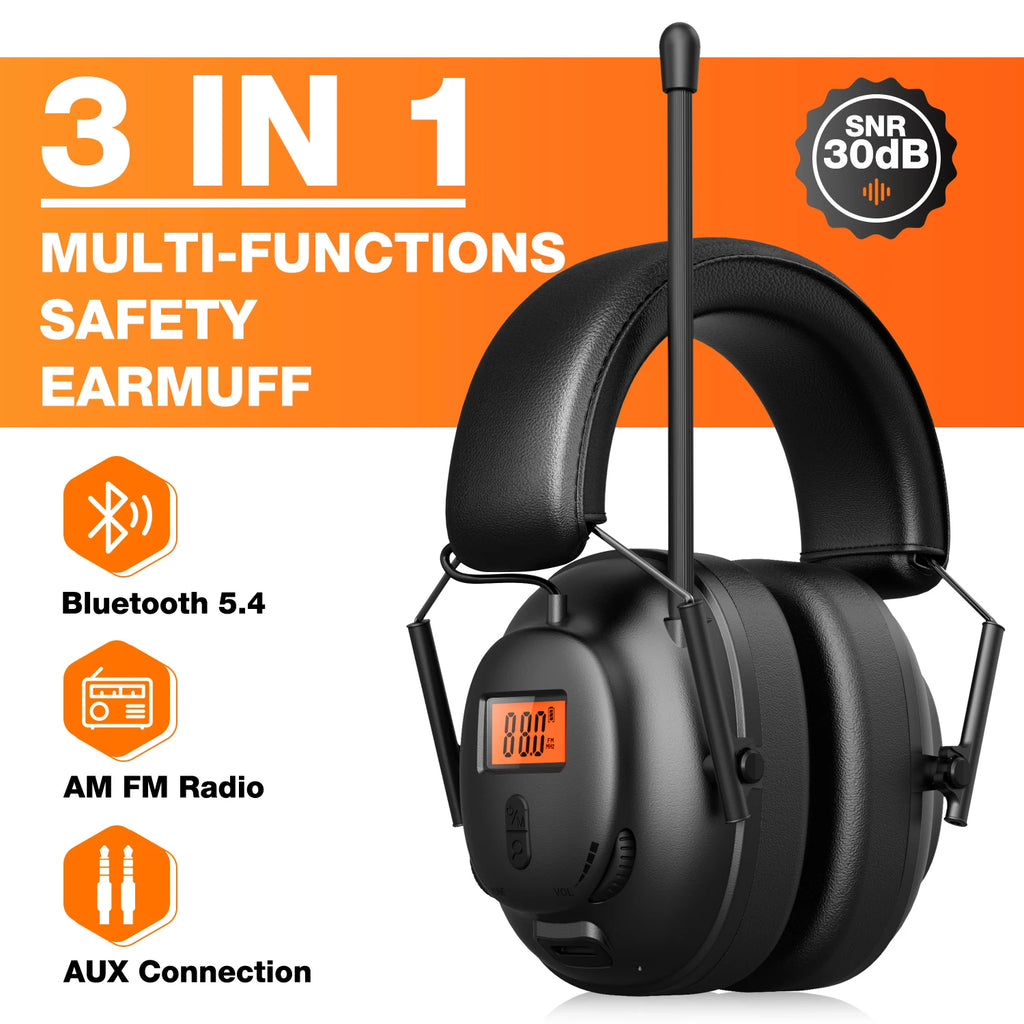 Bluetooth 5.4 AM/FM Radio Headphones with 30dB Ear Protection, 50H Playtime. USB-C Rechargeable. Great for Work & Gifts.